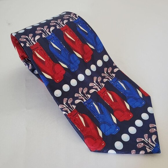 Golf Theme Neck Tie Red White Blue Polyester Golf - Picture 1 of 4